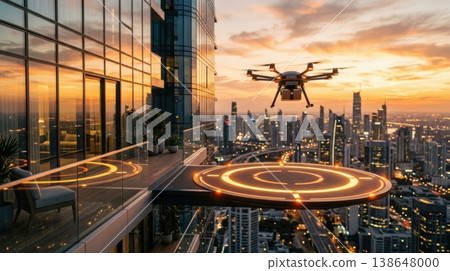Modern Delivery Drone Landing on Retractable Balcony Port at Sunset 138648000