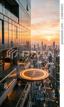 Modern Delivery Drone Landing on Retractable Balcony Port at Sunset Modern Delivery Drone Landing on Retractable Balcony Port at Sunset 138648001