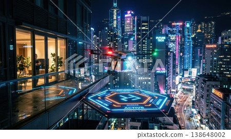Night Delivery Drone Landing on Glowing Balcony Docking Pad 138648002