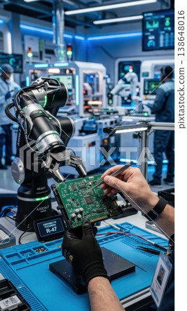 Human and Robot Arm Assembling Microchip in High Tech Cleanroom Human and Robot Arm Assembling Microchip in High Tech Cleanroom 138648016