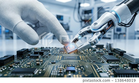 Human and Robot Arm Assembling Microchip in High Tech Cleanroom 138648019