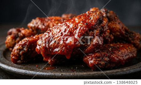 Macro of Spicy Glazed Chicken Wings with Steam and Gloss Macro of Spicy Glazed Chicken Wings with Steam and Gloss 138648025