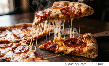 Macro Detail of Stretchy Mozzarella Cheese Pull on Pizza Slice Macro Detail of Stretchy Mozzarella Cheese Pull on Pizza Slice 138648039