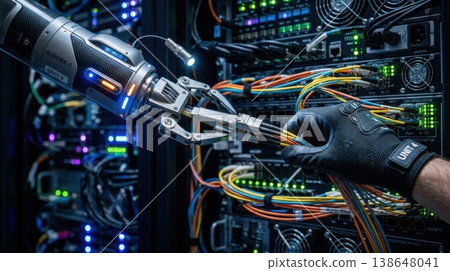 Robotic Arm and Human Hand Splicing Fiber Optic Cables 138648041