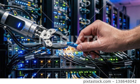 Robotic Arm and Human Hand Splicing Fiber Optic Cables 138648042