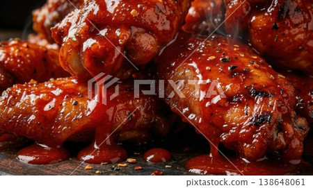 Macro of Spicy Glazed Chicken Wings with Steam and Gloss Macro of Spicy Glazed Chicken Wings with Steam and Gloss 138648061