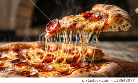 Macro Detail of Stretchy Mozzarella Cheese Pull on Pizza Slice Macro Detail of Stretchy Mozzarella Cheese Pull on Pizza Slice 138648077