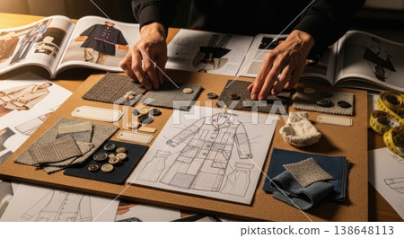 Circular Fashion Design Planning with Fabric Swatches and Sketches Circular Fashion Design Planning with Fabric Swatches and Sketches 138648113