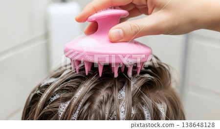 Scalp Massage with Silicone Brush During Hair Washing Routine Scalp Massage with Silicone Brush During Hair Washing Routine 138648128