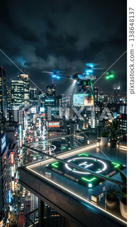Night Delivery Drone Landing on Glowing Balcony Docking Pad Night Delivery Drone Landing on Glowing Balcony Docking Pad 138648137