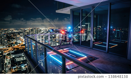 Night Delivery Drone Landing on Glowing Balcony Docking Pad Night Delivery Drone Landing on Glowing Balcony Docking Pad 138648138