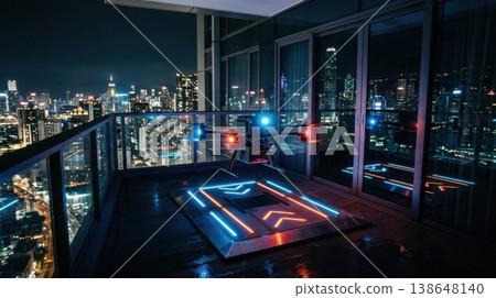 Night Delivery Drone Landing on Glowing Balcony Docking Pad 138648140