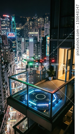 Night Delivery Drone Landing on Glowing Balcony Docking Pad 138648147