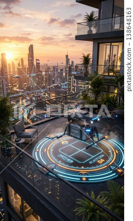 Modern Delivery Drone Landing on Retractable Balcony Port at Sunset Modern Delivery Drone Landing on Retractable Balcony Port at Sunset 138648163
