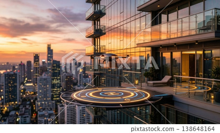 Modern Delivery Drone Landing on Retractable Balcony Port at Sunset Modern Delivery Drone Landing on Retractable Balcony Port at Sunset 138648164
