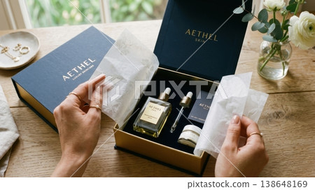 Hands Lifting Delicate Tissue Paper in Luxury Box Reveal 138648169