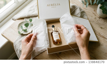 Hands Lifting Delicate Tissue Paper in Luxury Box Reveal 138648170