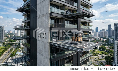 High Rise Building Facade with Integrated Drone Delivery Ports 138648186