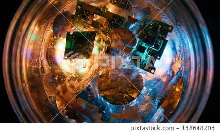 Abstract View of Computer Chips Submerged in Boiling Liquid Abstract View of Computer Chips Submerged in Boiling Liquid 138648203