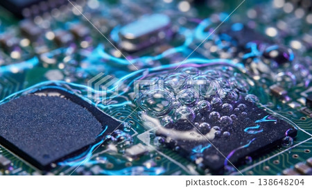 Abstract View of Computer Chips Submerged in Boiling Liquid Abstract View of Computer Chips Submerged in Boiling Liquid 138648204