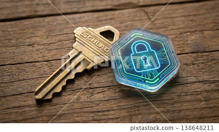 Physical Brass House Key and Glowing Digital Token Physical Brass House Key and Glowing Digital Token 138648211