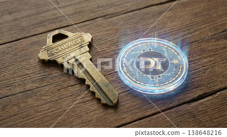 Physical Brass House Key and Glowing Digital Token Physical Brass House Key and Glowing Digital Token 138648216