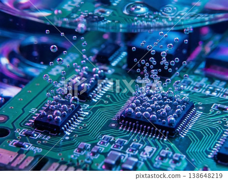 Abstract View of Computer Chips Submerged in Boiling Liquid Abstract View of Computer Chips Submerged in Boiling Liquid 138648219