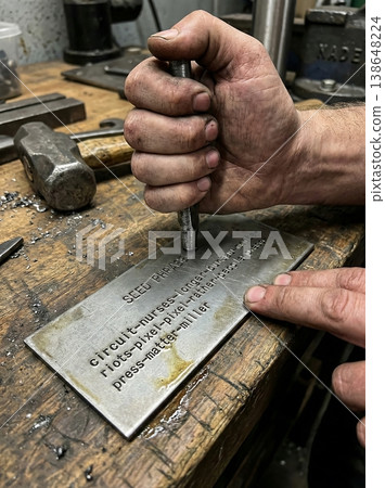 Hands Gripping Metal Punch for Seed Phrase Engraving 138648224