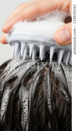 Scalp Massage with Silicone Brush During Hair Washing Routine Scalp Massage with Silicone Brush During Hair Washing Routine 138648262