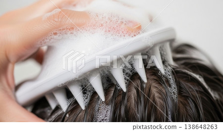 Scalp Massage with Silicone Brush During Hair Washing Routine Scalp Massage with Silicone Brush During Hair Washing Routine 138648263