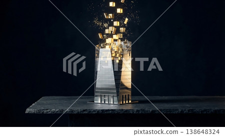 Glass Building Model Transforming Into Gold Tokens Glass Building Model Transforming Into Gold Tokens 138648324