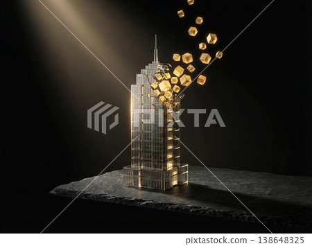 Glass Building Model Transforming Into Gold Tokens Glass Building Model Transforming Into Gold Tokens 138648325