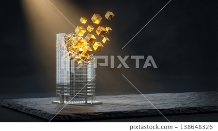 Glass Building Model Transforming Into Gold Tokens Glass Building Model Transforming Into Gold Tokens 138648326