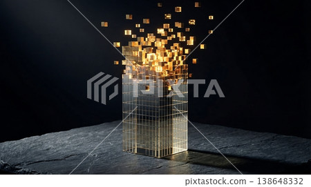 Glass Building Model Transforming Into Gold Tokens 138648332