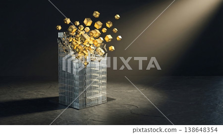 Glass Building Model Transforming Into Gold Tokens Glass Building Model Transforming Into Gold Tokens 138648354