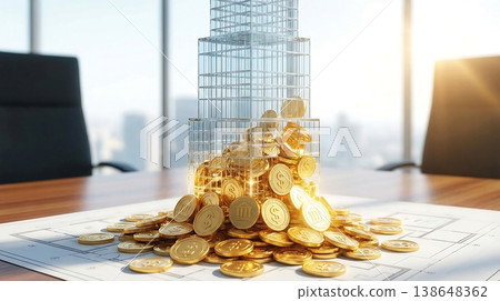 Glass Building Model Transforming Into Gold Tokens Glass Building Model Transforming Into Gold Tokens 138648362