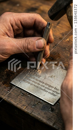 Hands Gripping Metal Punch for Seed Phrase Engraving Hands Gripping Metal Punch for Seed Phrase Engraving 138648372