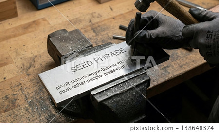 Hands Gripping Metal Punch for Seed Phrase Engraving 138648374