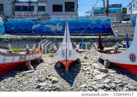 Lanyu, Taiwan - June 24, 2025: A traditional ceramic boat anchored at the shore Lanyu, Taiwan - June 24, 2025: A traditional ceramic boat anchored at the shore 138648417