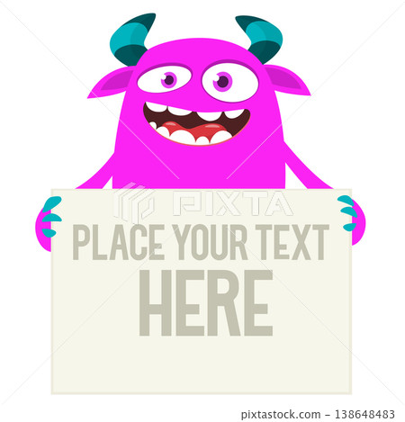 Catoon funny monster character holds banner paper sign for advertisement. Halloween illustration 138648483