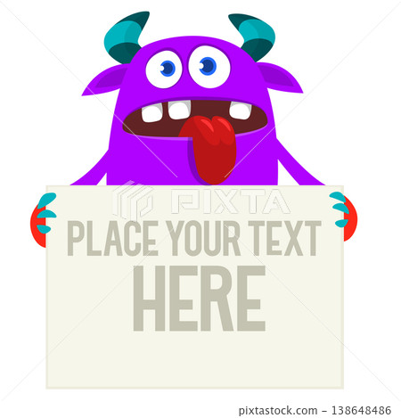 Catoon funny monster character holds banner paper sign for advertisement. Halloween illustration 138648486