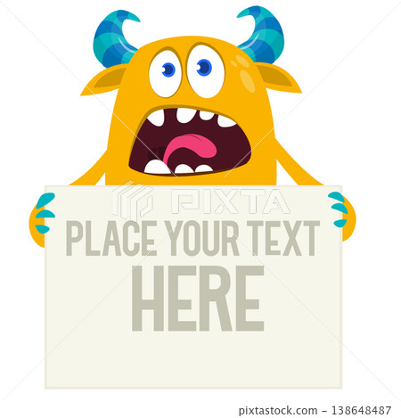 Catoon funny monster character holds banner paper sign for advertisement. Halloween illustration 138648487