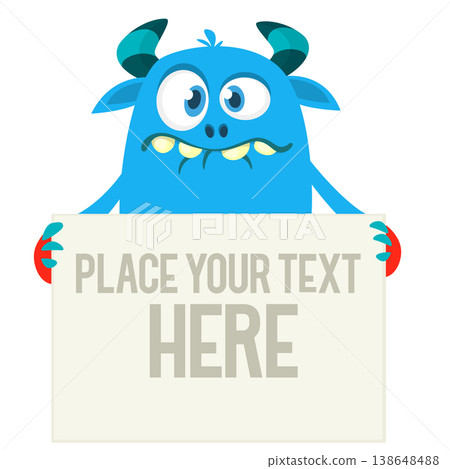 Catoon funny monster character holds banner paper sign for advertisement. Halloween illustration 138648488