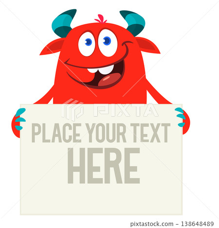 Catoon funny monster character holds banner paper sign for advertisement. Halloween illustration 138648489