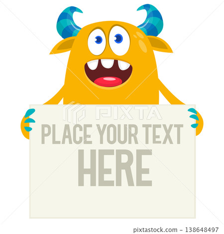 Catoon funny monster character holds banner paper sign for advertisement. Halloween illustration Catoon funny monster character holds banner paper sign for advertisement. Halloween illustration 138648497