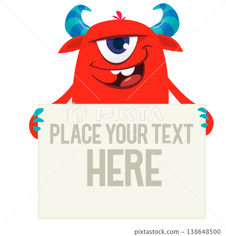 Catoon funny monster character holds banner paper sign for advertisement. Halloween illustration Catoon funny monster character holds banner paper sign for advertisement. Halloween illustration 138648500