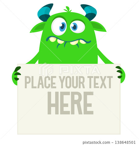Catoon funny monster character holds banner paper sign for advertisement. Halloween illustration Catoon funny monster character holds banner paper sign for advertisement. Halloween illustration 138648501