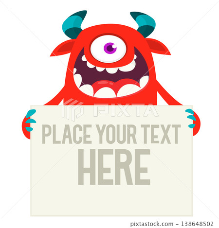 Catoon funny monster character holds banner paper sign for advertisement. Halloween illustration Catoon funny monster character holds banner paper sign for advertisement. Halloween illustration 138648502