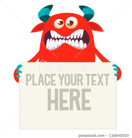Catoon funny monster character holds banner paper sign for advertisement. Halloween illustration Catoon funny monster character holds banner paper sign for advertisement. Halloween illustration 138648503