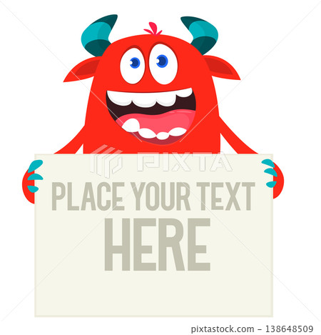 Catoon funny monster character holds banner paper sign for advertisement. Halloween illustration Catoon funny monster character holds banner paper sign for advertisement. Halloween illustration 138648509